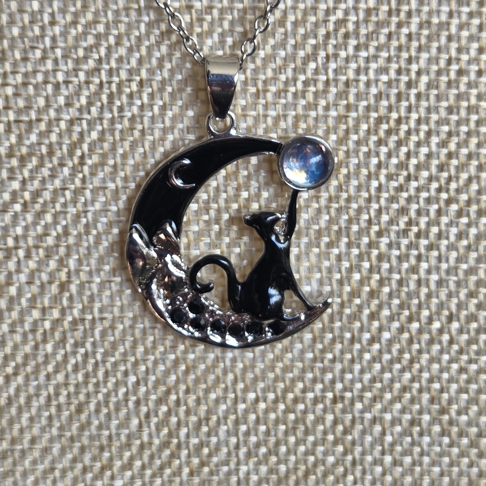 Necklace: Black Cat , Opalite Moon, Sitting On Black Onyx Crystals - Picture 2 of 9